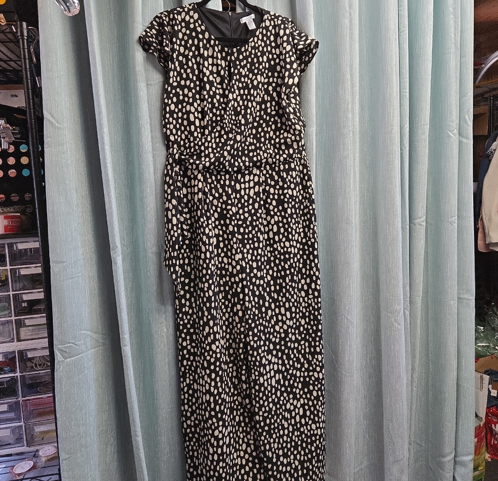 London Times Black and Cream Printed Short-Sleeve Jumpsuit